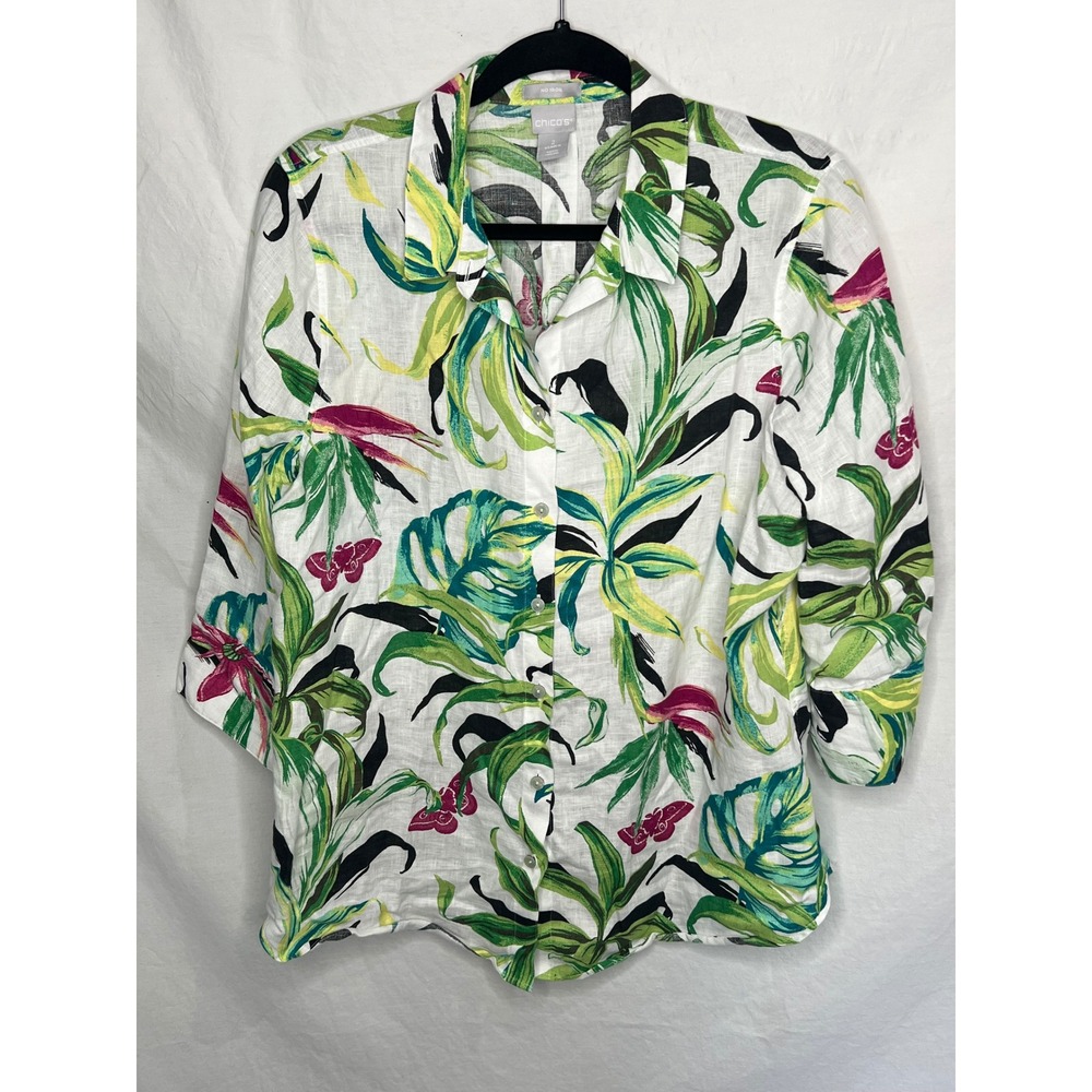 Chicos 100% Linen Button Front Shirt‎ Sz 2/12 White Tropical Floral Resortwear
